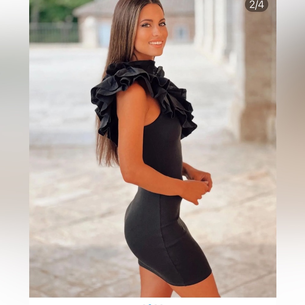Zara Black Asymmetrical Ruffle Neckline Ribbed Mini Dress - Picture 7 of 16
